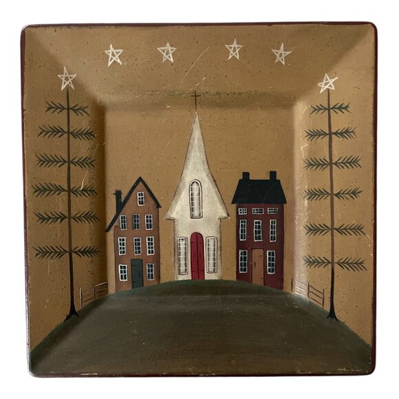 Primitive Hand-Painted Decorative Plate by Donna White – 10" Square – Church & H - Picture 1 of 2